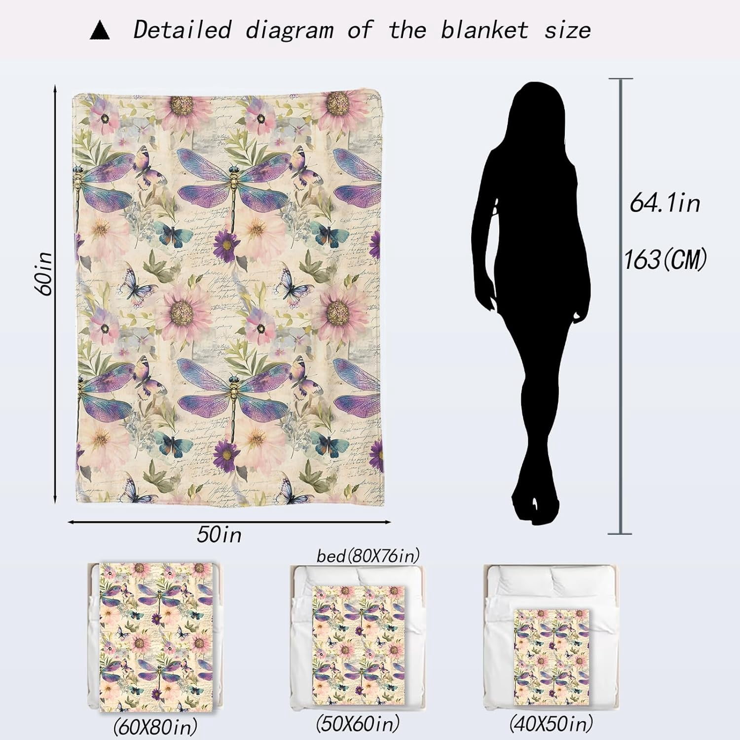 Dragonfly Blanket - Retro Butterfly Floral Pastel Fleece Throw,Gifts for Users Women, Soft & Warm,Lightweight, for Modern Rustic Boho Decor, Nature Lovers, and Room Home Accents 60x80in