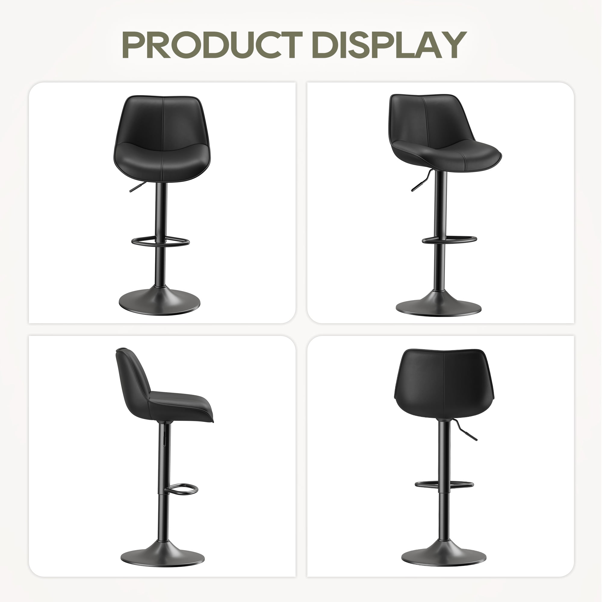 EOP Upholstered Bar Stool Set of 1, Adjustable Swivel Counter Height Bar Chair with Backrest, Modern PU Leather Counter Stool for Bar, Kitchen, Dining Room, Black