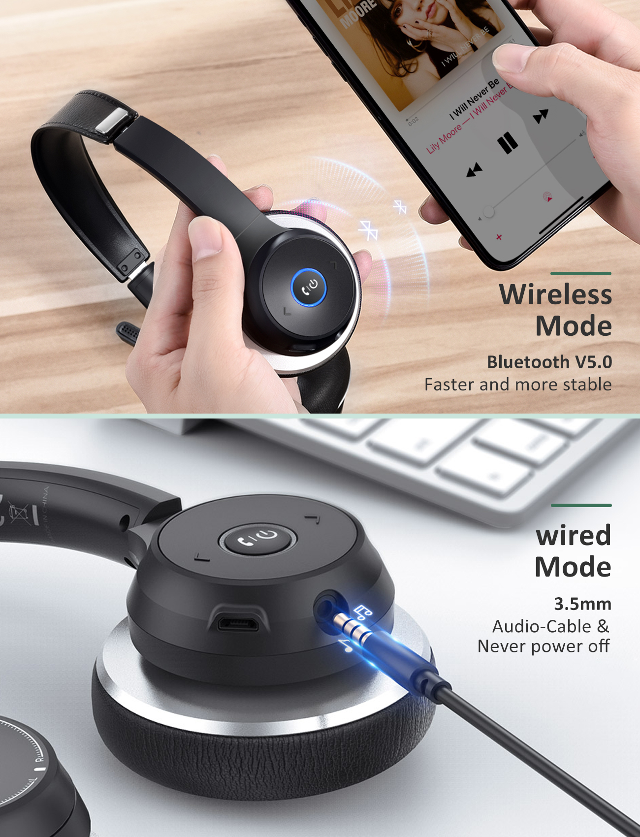 KLYLOP Wireless Bluetooth Headphones, Dual Noise Cancelling Microphone & cVc8.0 Technology,22Hrs Talktime, 3.5mm&Wireless Connection for Teams Zoom Skype