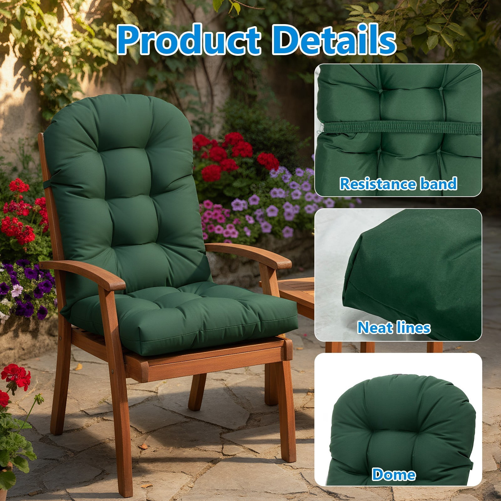 TOPCHANCES Outdoor Adirondack Chair Cushion with Ties, Water-Resistant Oxford Fabric High Back Rocking Chair Cushions (Dark Green)