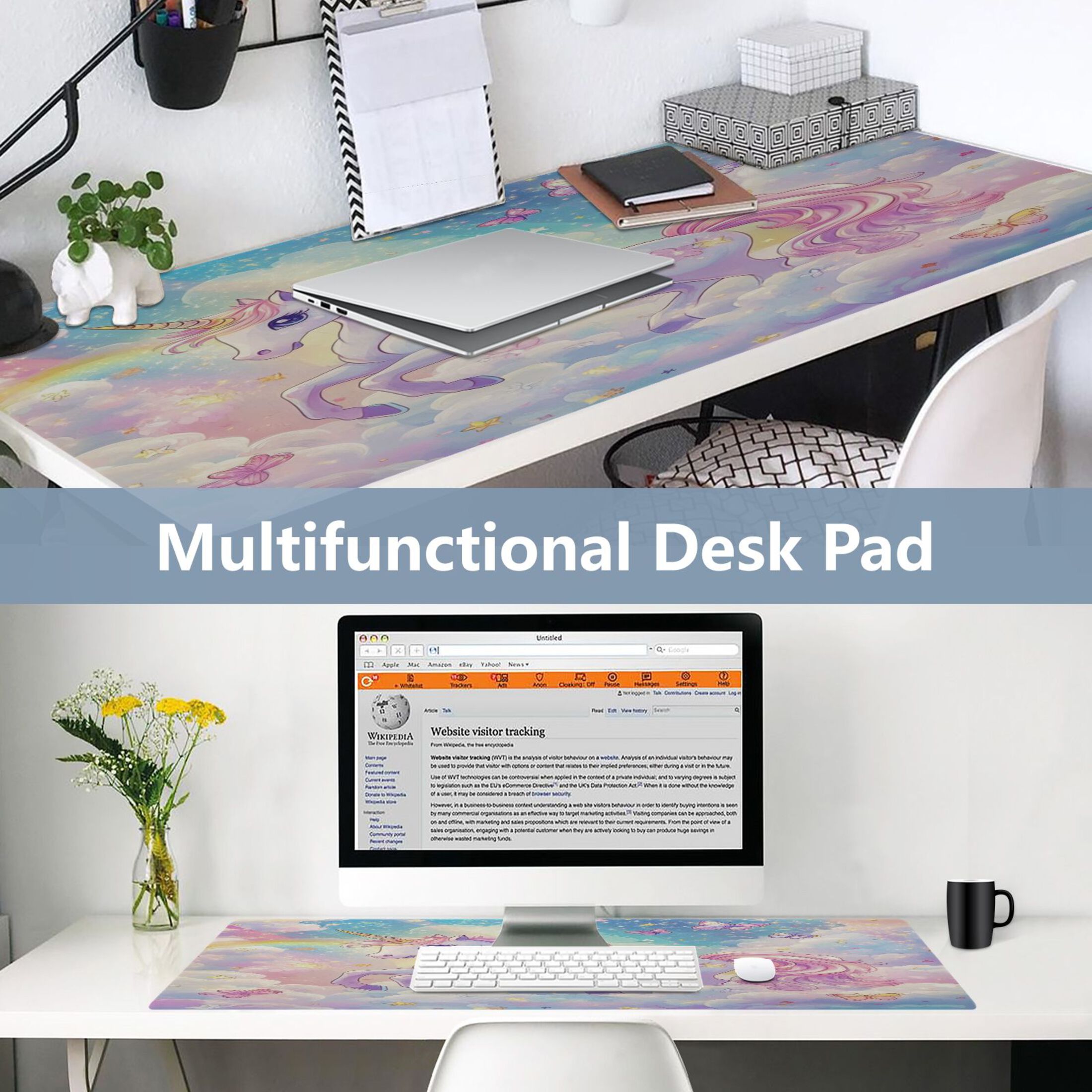 Leather Keyboard and Mouse Desk Mat Office Desk Accessories Protective Office Desk Decor Desk Pad Mat for Gaming, Work from Home, Office Rainbow Colors Unicorn 16.5" x 35.4"