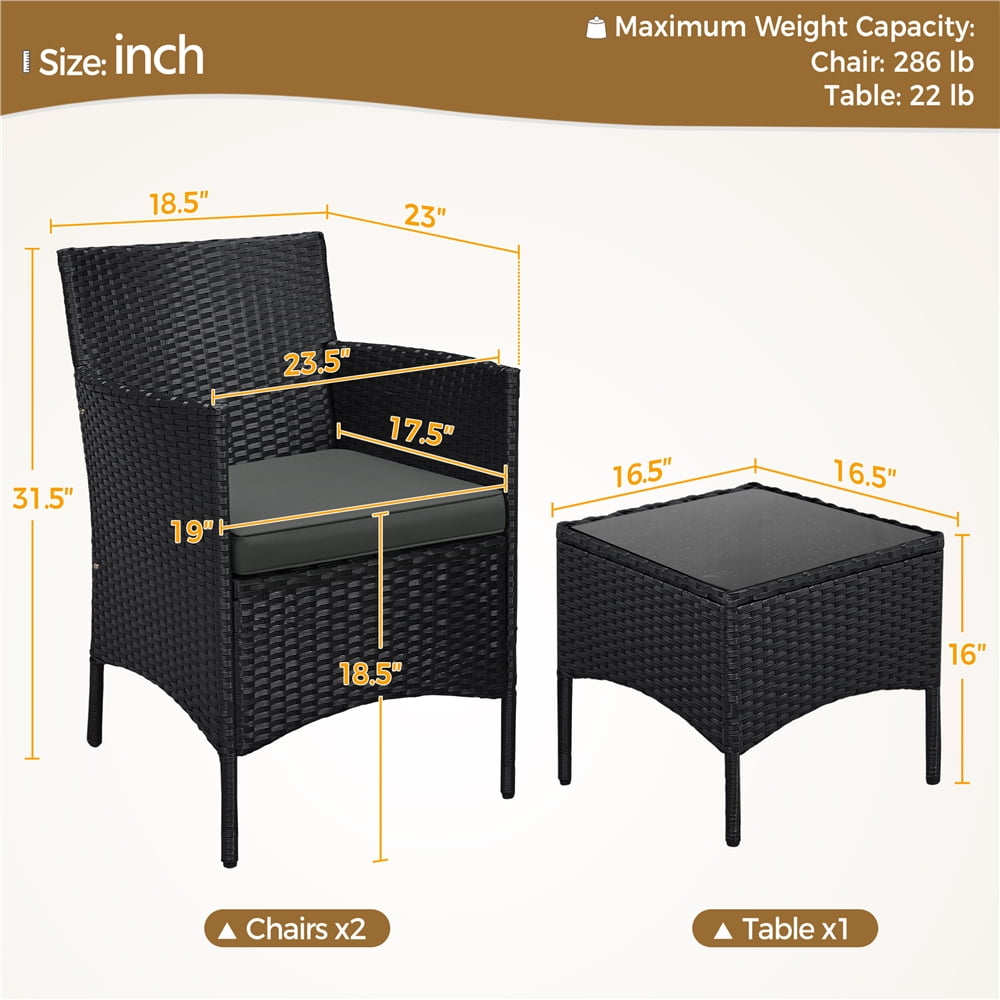 Yaheetech 3-Piece Patio Wicker Coffee Table and Chairs Set for Garden Deck, Black/Gray
