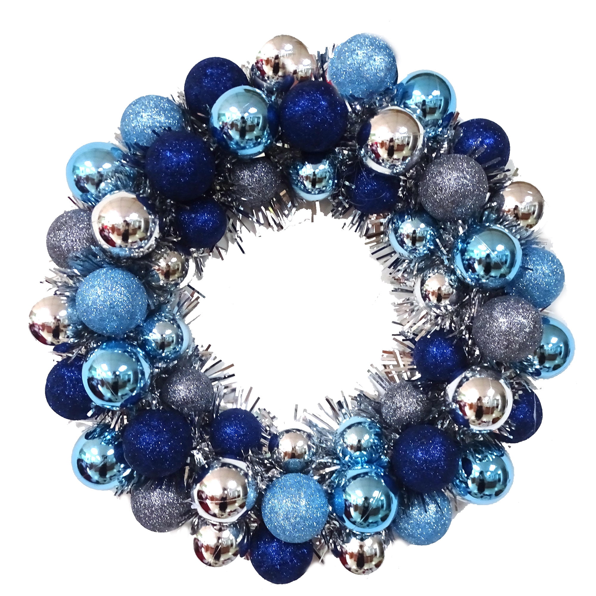 16 in Holiday Time Blue & Silver Round Ball Christmas Tinsel Wreath, HOLIDAY TIME PL 16`` CMAS BLUE WRTH