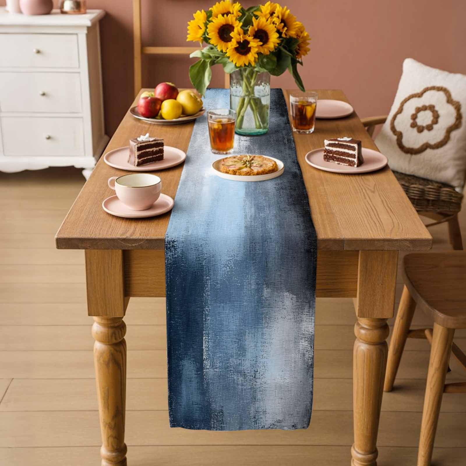 Blue Grey Table Runner, Modern Oil Painted Art Abstract Geometric Washable Cotton Linen Table Runners 90 Inches Long, Dresser Scarf Runner for Dining/Coffee/Kitchen/Hallway Tables 13''x90''