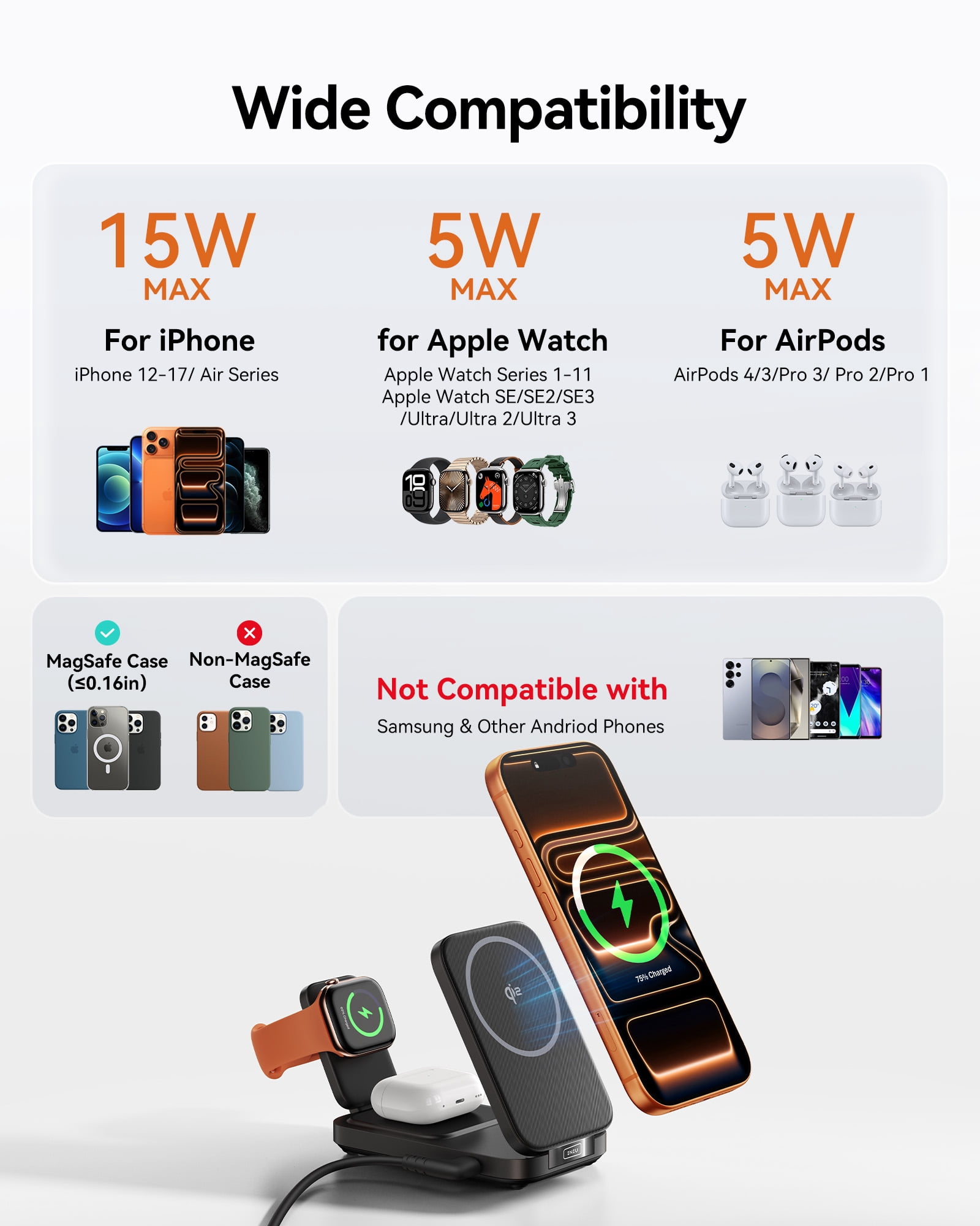 INIU 3 in 1 Wireless Charger, 15W Foldable Magnetic iPhone Charger, Wireless Charging Station with Qi2 Certified for iPhone, Apple Watch, AirPods (Adaptor Included)