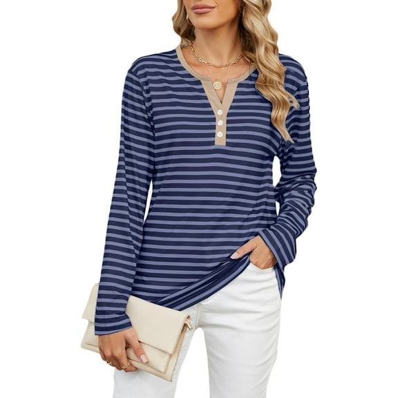 New Women's Striped Long Sleeve T Shirts Casual V Neck Color Block Loose Fit Basic Tee Tops
