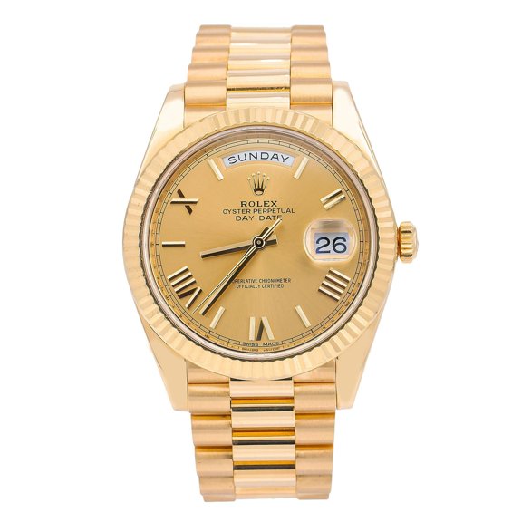 Pre-Owned Rolex Day-Date 40MM 228238 Champagne Roman Dial Fluted Bezel 18K Yellow Gold President Bracelet