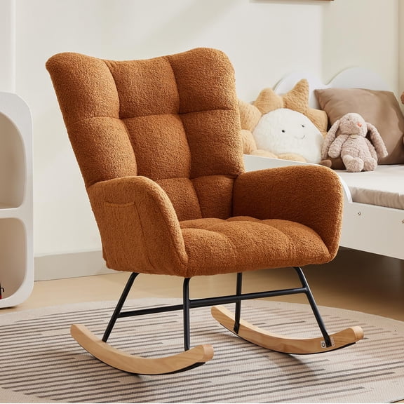 Stuffed Animal Upholstered Rocking Chair High Backrest Ergonomic Armrests Side Pockets Sturdy Metal Legs Wood Base Glider Accent for Living Room Bedroom