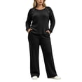 thumbnail image 2 of Large Size Hungry Ribbed Knitted Suit Women's Shoulder Button Decoration Long Sleeved Top Wide Leg Pants Two-Piece Set Black Xxl, 2 of 8