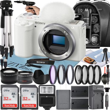Sony ZV-E10 Mirrorless Camera (Body) with 2 Pack 32GB Memory Card   Flash   Tripod   Backpack   ZeeTech Accessory Bundle (White)