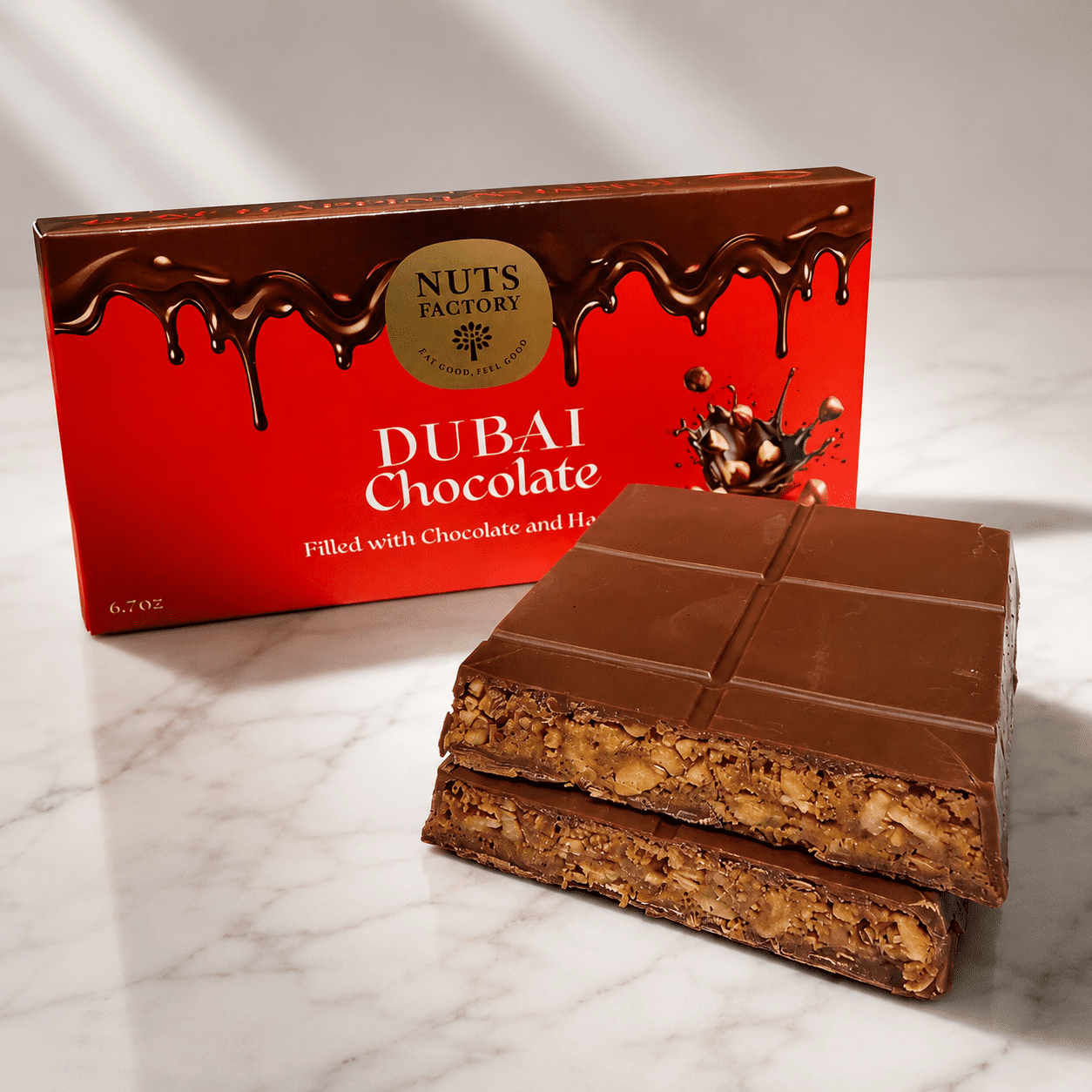 Nuts Factory Dubai Style Hazelnut Chocolate Bars with Roasted Hazelnuts & Smooth Chocolate, Pack of 2 Large Bars – #1 Ranked Dubai Chocolate Bars in the World by CNBC