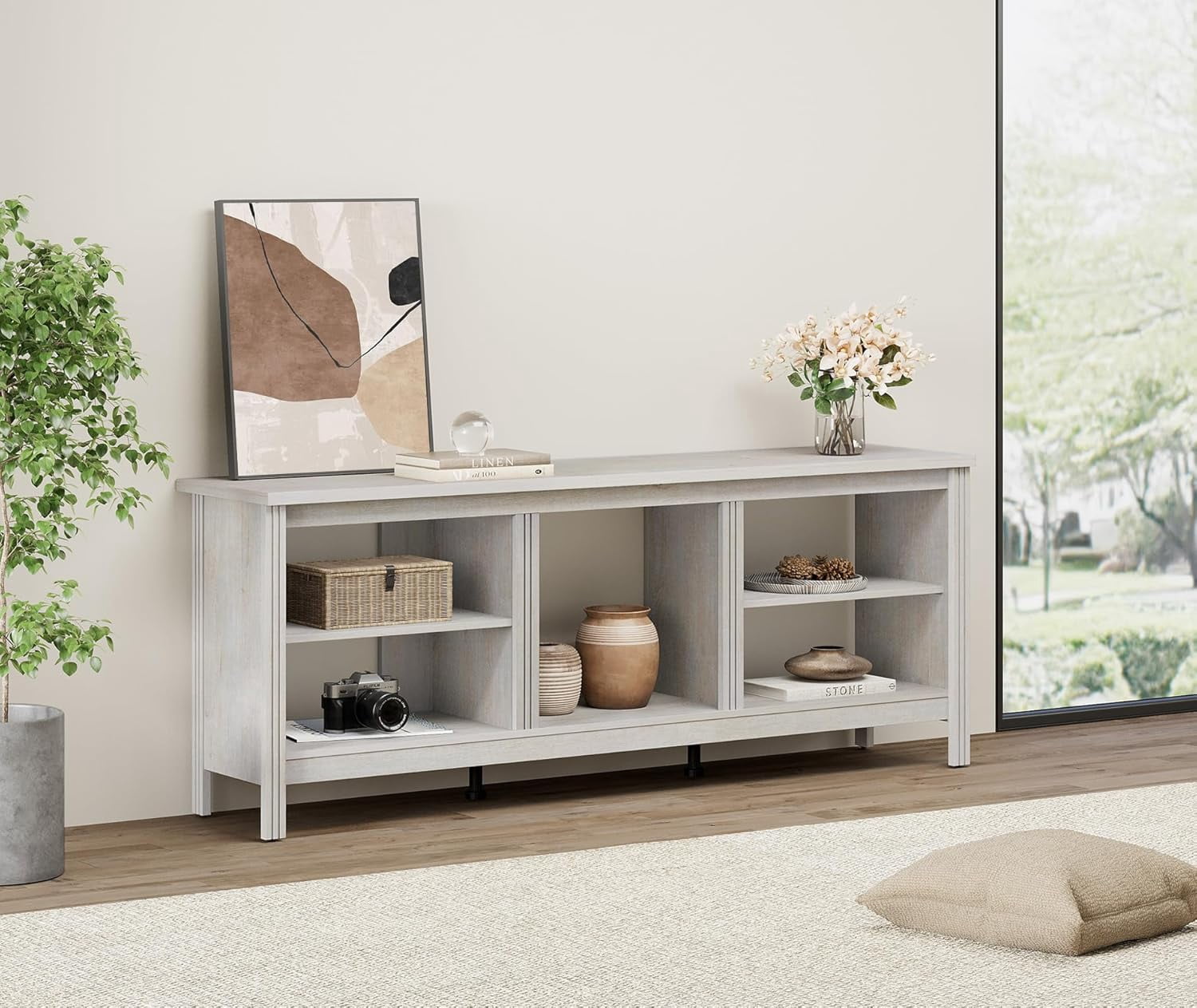 Farmhouse TV Stand for TVs up to 75 Inch, White Entertainment Center for 80 inch TV Console Table with 5 Cubby Storages for Living Room Bedroom, 70 inch