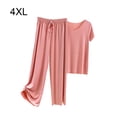 thumbnail image 4 of Qarigey Women Ice Silk Pajama Set Comfortable Sleepwear Pants Loose Sleeve Two Short V-neck Elastic Waist Pieces Drape T-Shirt Type2 NO2, 4 of 6