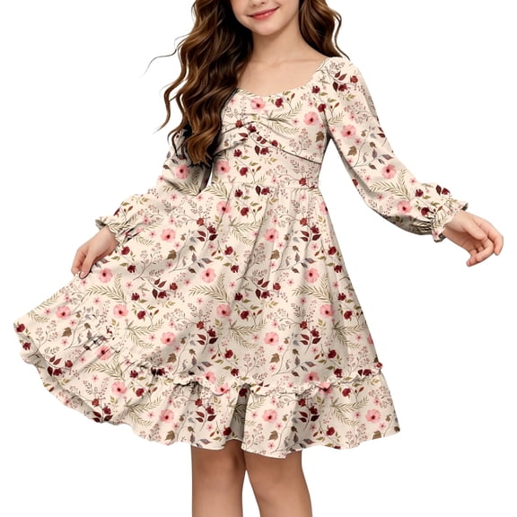 Lanbubble Girls Fall Dress Long Sleeve Floral Tiered Casual Flowy Dresses Square Neck A Line 7-14Y