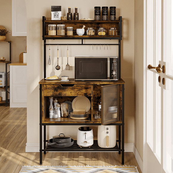 Besiter 60" Kitchen Baker's Rack with LED Light 6-Tier Microwave Stand with Storage Drawer Cabinet & 8 Hooks, Rustic
