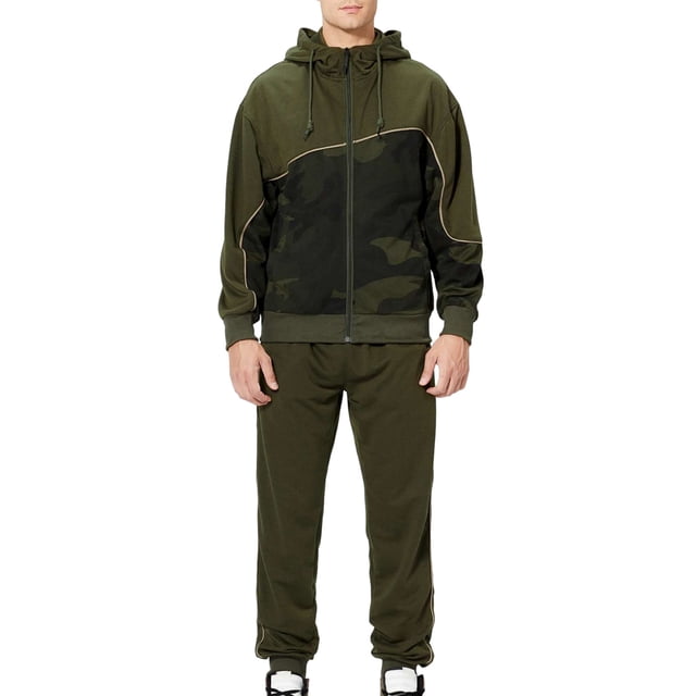 FOCUSNORM Men Sportswear, Camouflage Hooded Zip-Up Coat + Solid Color Slacks