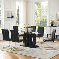 7-Piece Glass Dining Table Set, 63" Rectangular Tempered Glass Table with 6 Stainless Steel PU Leather Cantilever Chairs, Stainless Steel Legs, for Dining Room, Living Room, Office