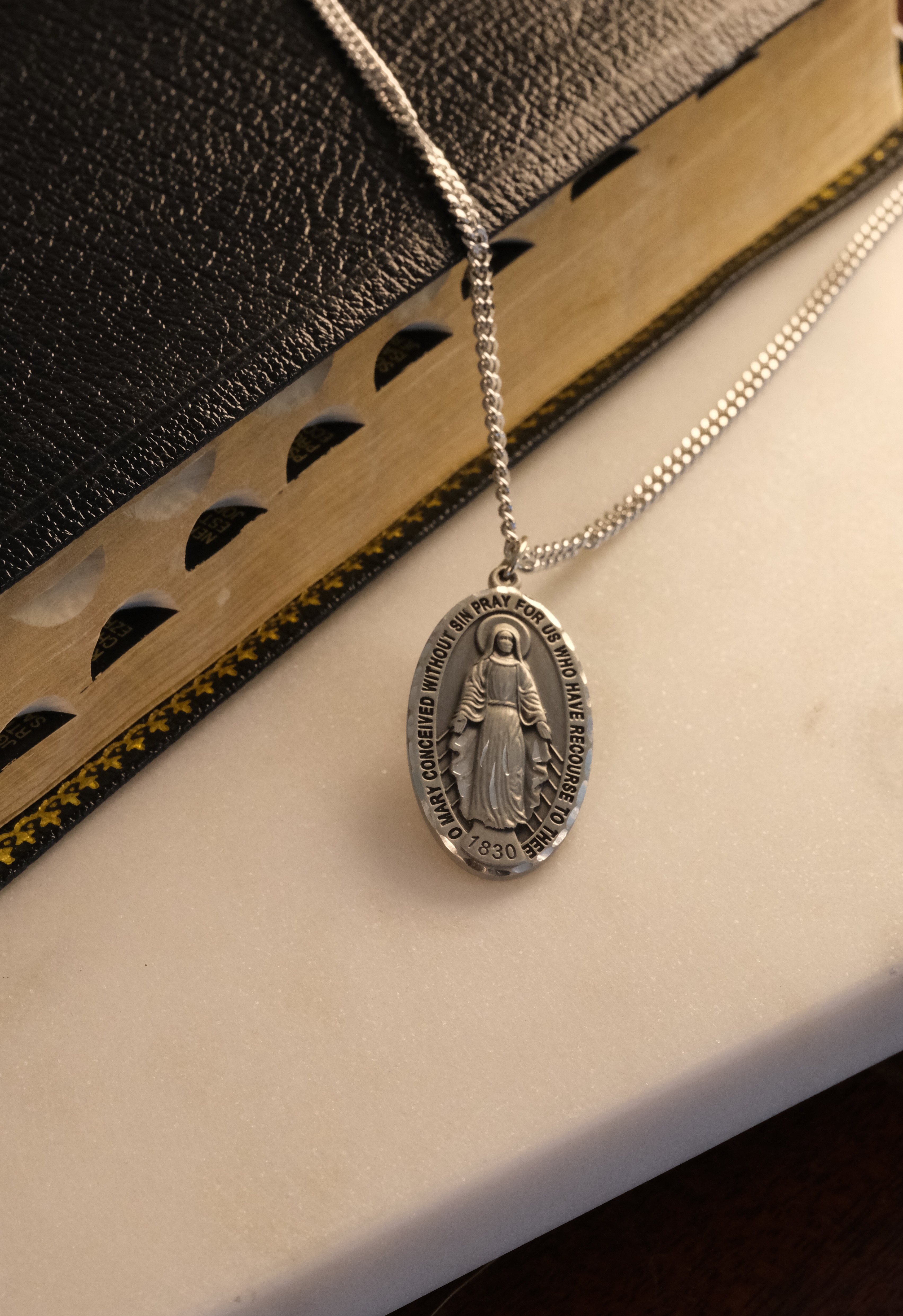 Mens Large Oval Pewter Miraculous Medal Pendant on 24 inch Rhodium Plated Heavy Curb Brass Chain with Lobster Claw Clasp, Catholic Religious Necklace -Made in USA- Deluxe Velvet Gift Box
