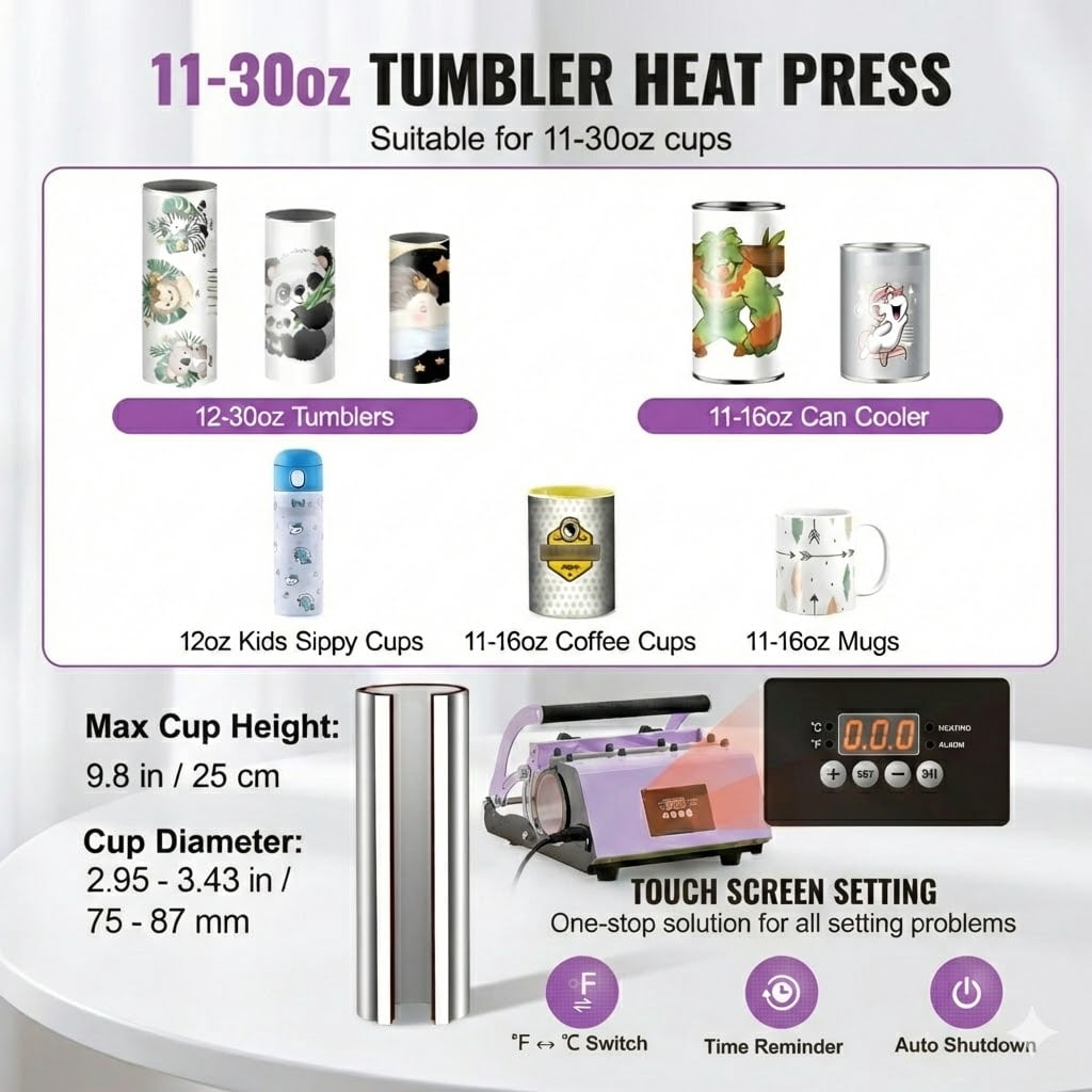 Tumbler Heat Press Machine, 11-30oz Mug Press,Temp and Time Setting,with Sublimation Paper, Tape and Gloves