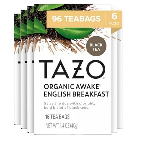 Tea Bags, Black Tea, Regenerative Organic Awake English Breakfast Tea, 16 Count (Pack of 6)