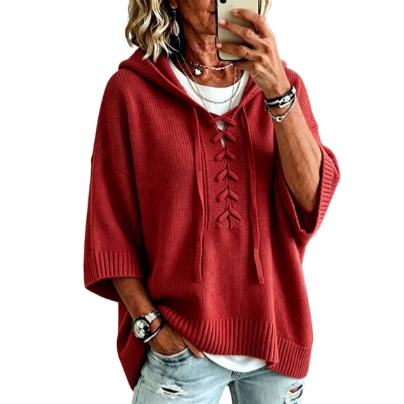 summer sweaters for women lightweight Lace Up Front Hooded Knit Sweater Oversized Batwing 3/4 Sleeve Loose Casual Womens Pullover Tops