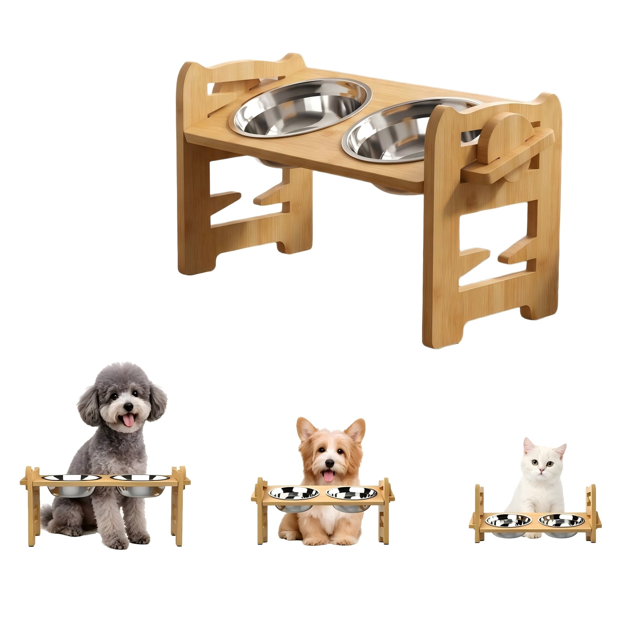 Elevated Dog Bowls with 15° Tilted Design – Adjustable Raised Pet Feeder Stand for Small Dogs & Cats, Durable Bamboo Frame with 2 Stainless Steel Bowls & Non-Slip Feet