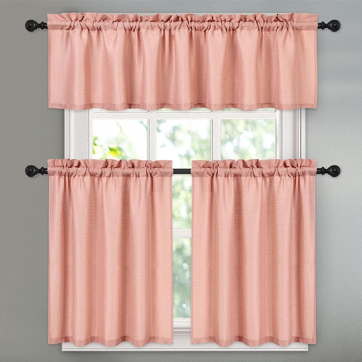 Kitsin Tier Curtains, Waffle Woven Textured Rod Pocket Short Window