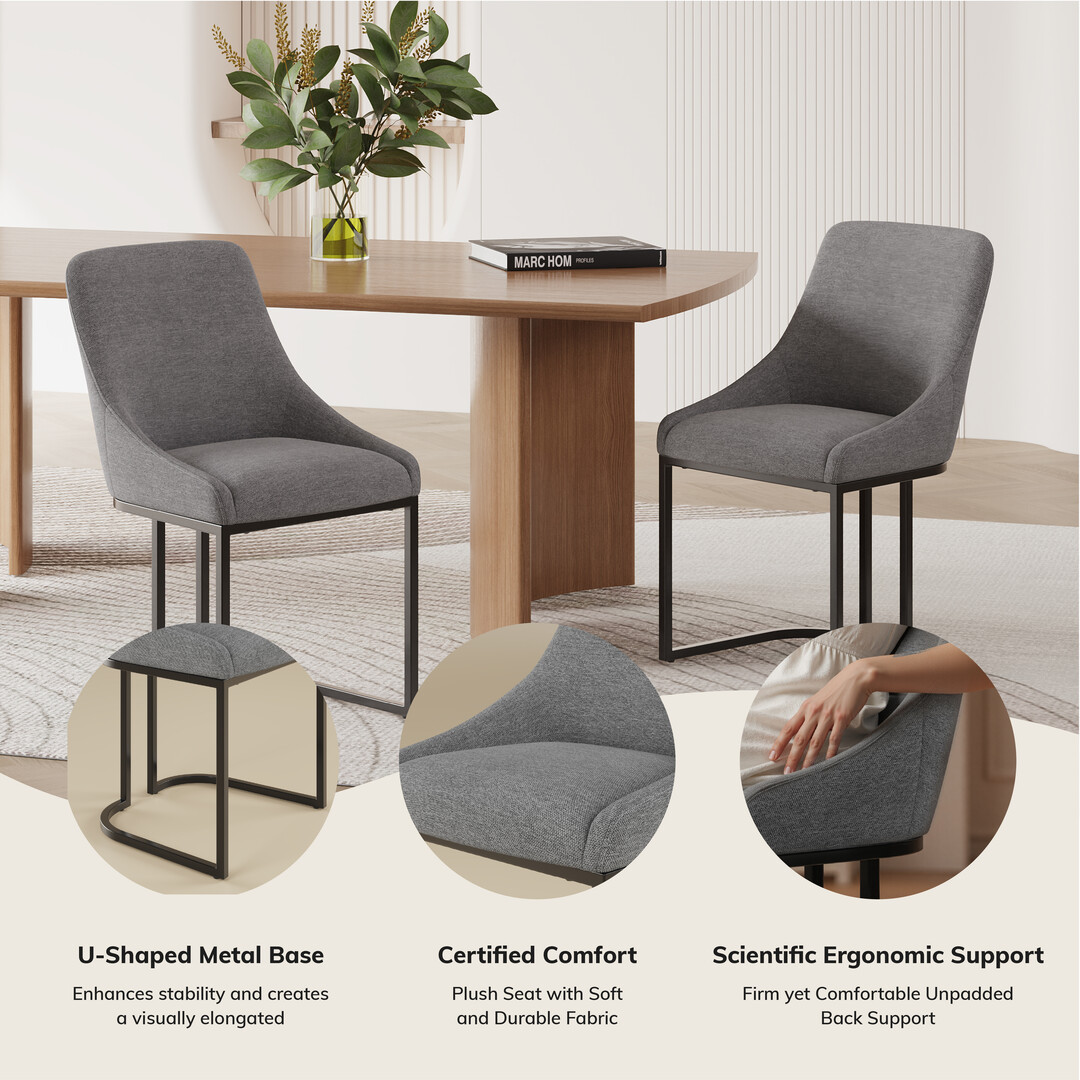 COLAMY Set of 2 Dining Chairs, Modern Upholstered Fabric Kitchen Chairs with U-Shaped Metal Legs, Armless Mid-Back Side Chairs for Home and Hotel, Gray