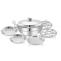 All In One Stainless Steel Bottom Multi Uses Kadai Steamer - Silver, 2 Liters | 2 Idli Plates  2 Dhokla Plates  1 Patra For Momos - Multipurpose Steamer For Momos, Dhokla, Modaks, Veggies