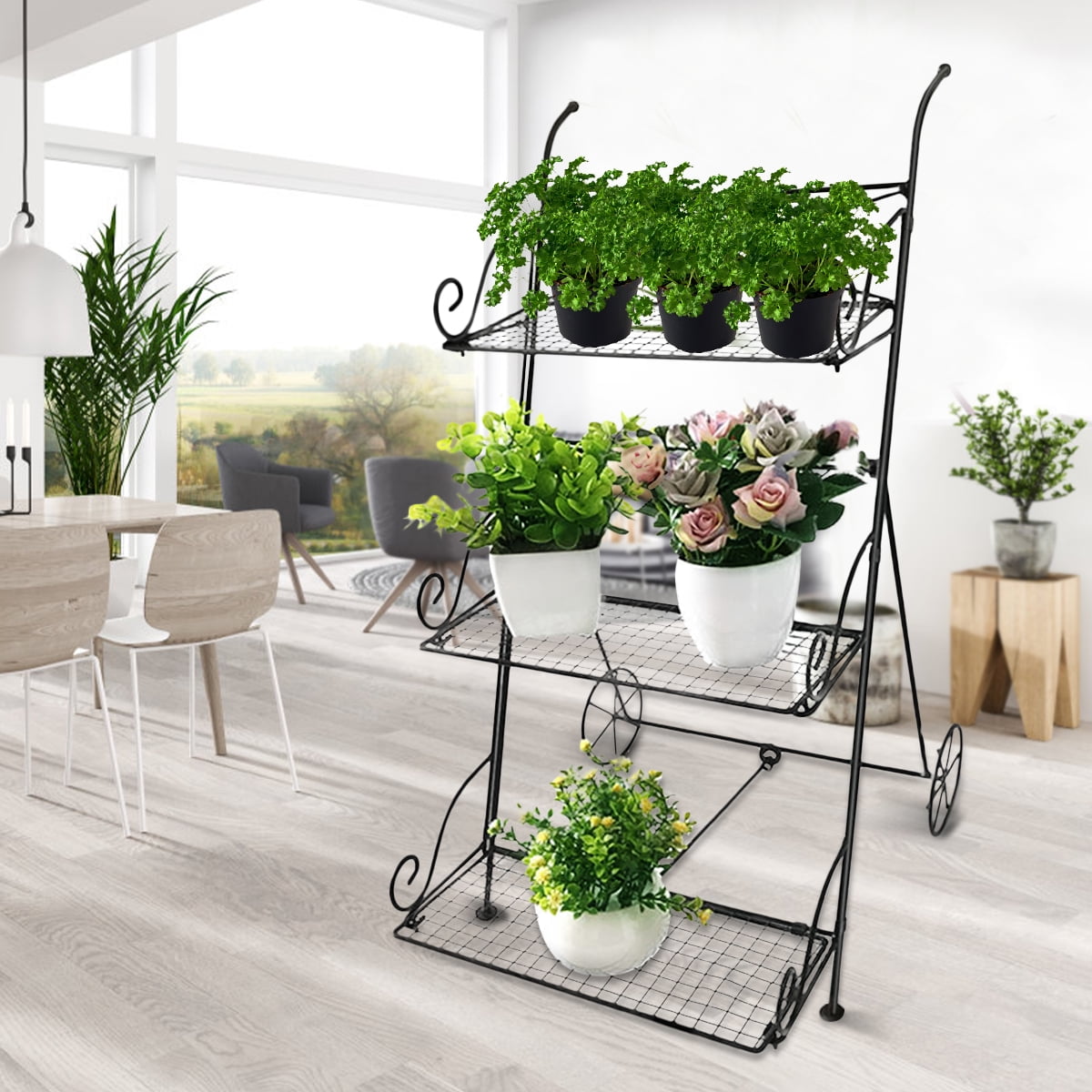 3 Tiers Iron Flower Pot Garden Metal Cart Shelf Stand