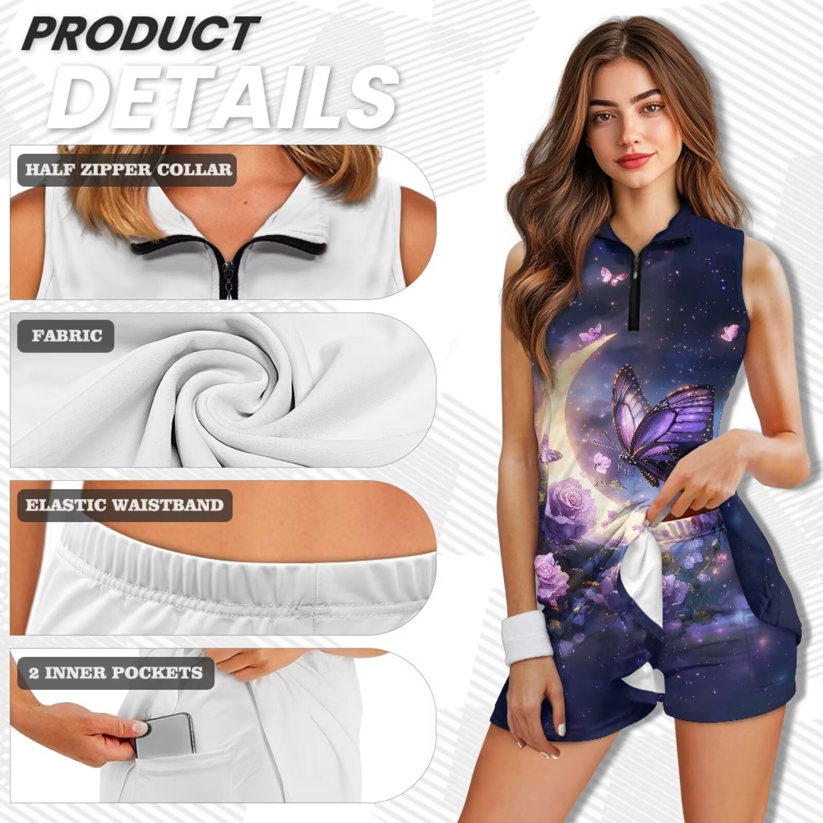 Yuyamidu Butterfly Rose Womens Golf Dresses with Built-in Shorts Athletic Dress for Woman Zip Up Tennis Dress for Women Dry Fit Summer Clothes Size XL