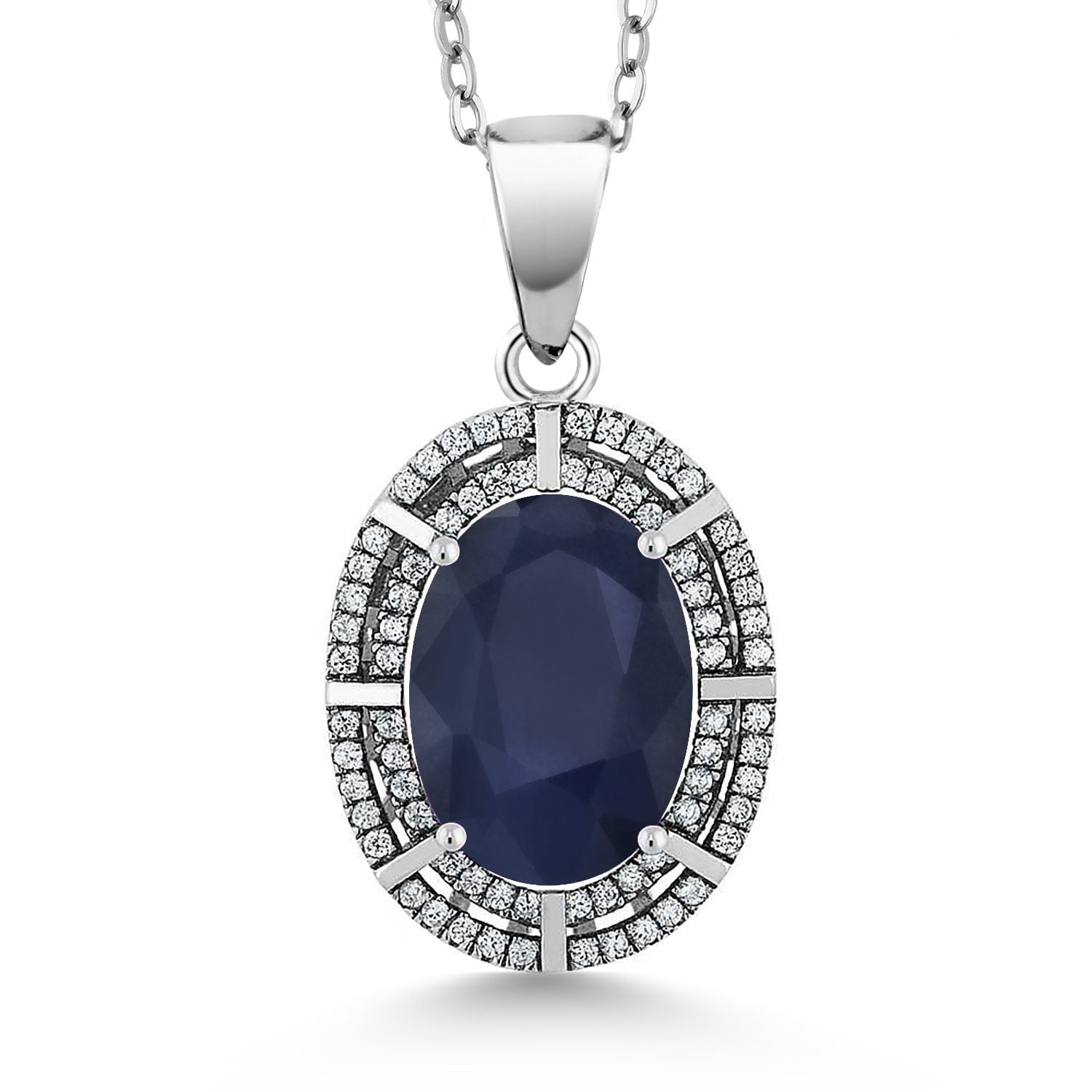 Gem Stone King 925 Sterling Silver Blue Sapphire Pendant Necklace for Women (7.41 Cttw, Oval 14X10MM, Gemstone September Birthstone, with 18 inch Silver Chain)