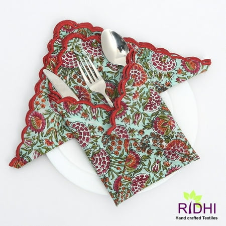 

Pastel Mint Green Dark Cherry Vermilion Red Floral Hand Block Printed Cotton Cloth Napkins 9x9 - Cocktail Napkins 20x20 - Dinner Napkins