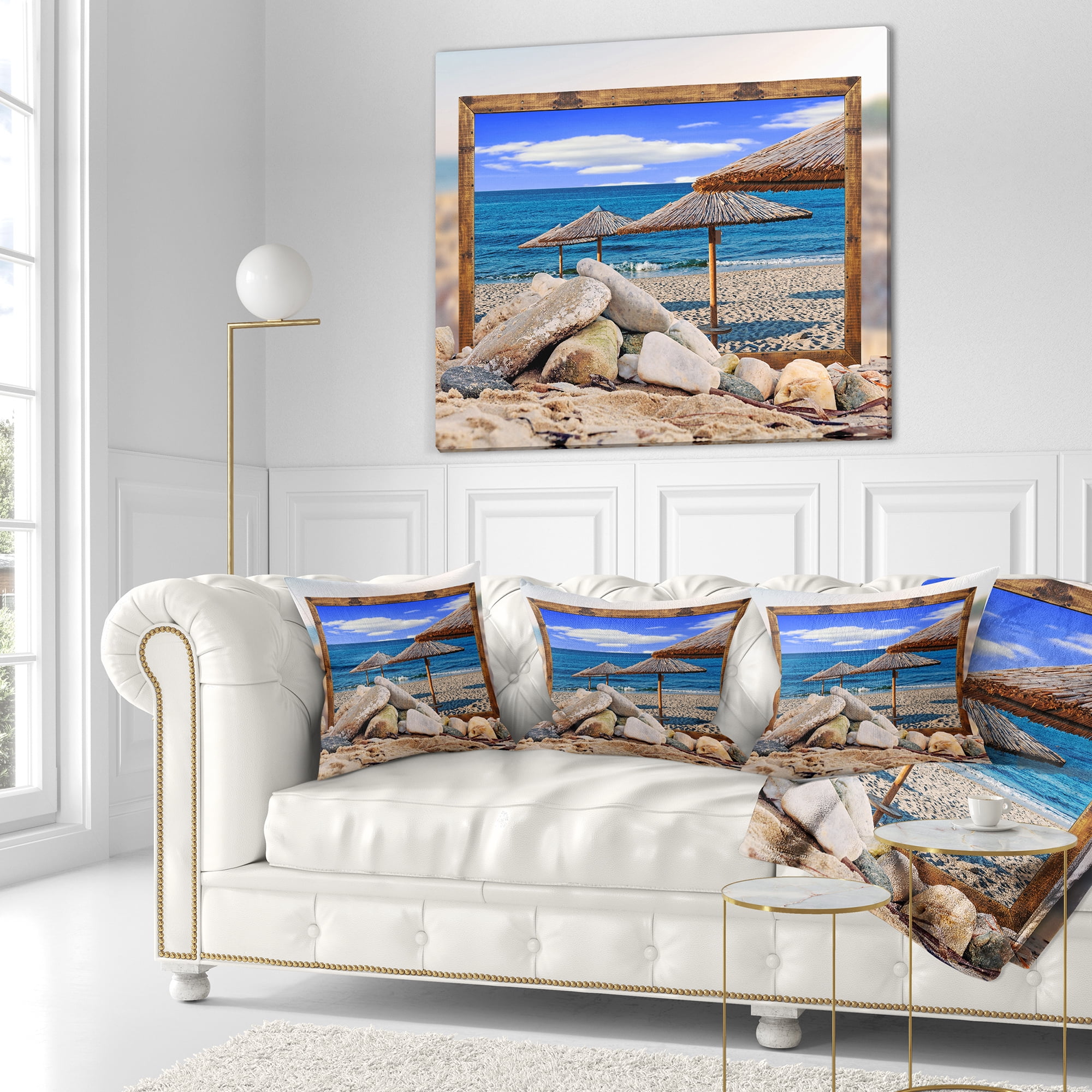 Designart Framed Effect Beach Umbrellas - Seashore Throw Pillow - 18x18