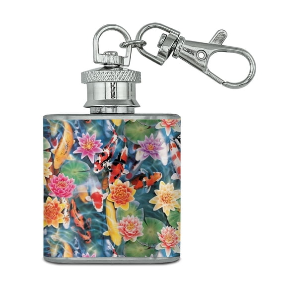 Koi Pond Fish Garden Pattern Stainless Steel 1oz Mini Flask Key Chain