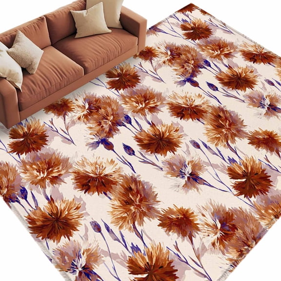 Orange Floral Area Rug 5x8 Washable Rug Non Slip Vintage Cornflower Leaves Rustic Plants Large Area Rug Soft Stainresistant Indoor Floor Carpet for Living Room Bedroom Home Office Dining Room Nursery