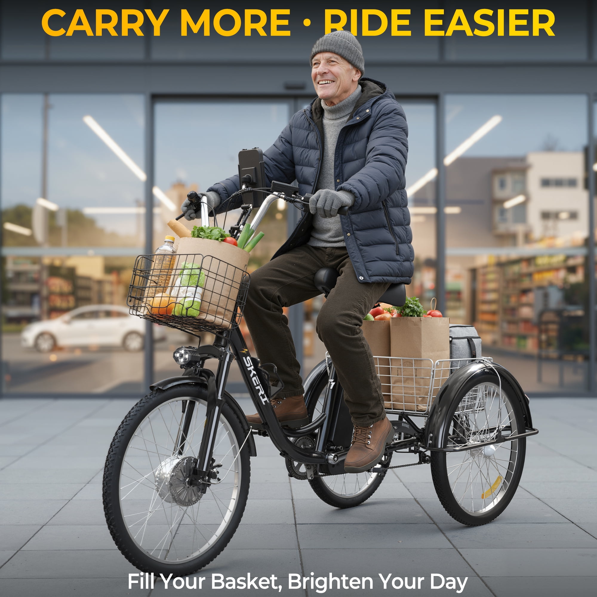 SKERI Electric Tricycle for Adults, 350W 48V Black Electric Trike Motorized Three Wheel Electric Bicycle, 7 Speeds 3 Wheels Adult Electric Tricycle with Large Basket