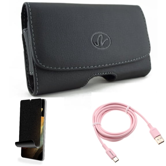 6ft USB-C Cable & Case Belt Clip & Privacy Screen Protector for Samsung Galaxy S22 Plus (S22 ) - Combo Pink Charger Cord Power & Leather Swivel Holster & TPU Film (Fingerprint) Anti-Peep