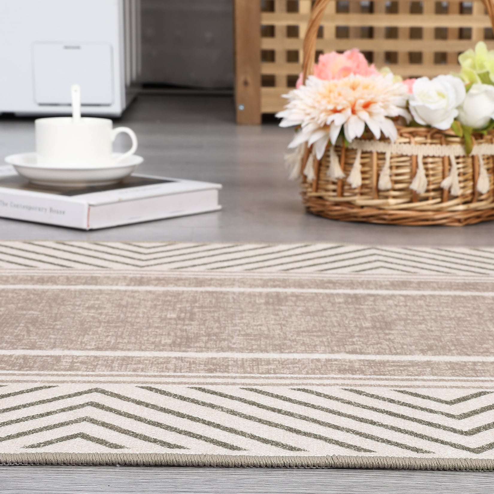 Hasoo 2' x 6' Runner Rug Modern Geometric Bordered Carpet for Hallway Kitchen, Light Brown