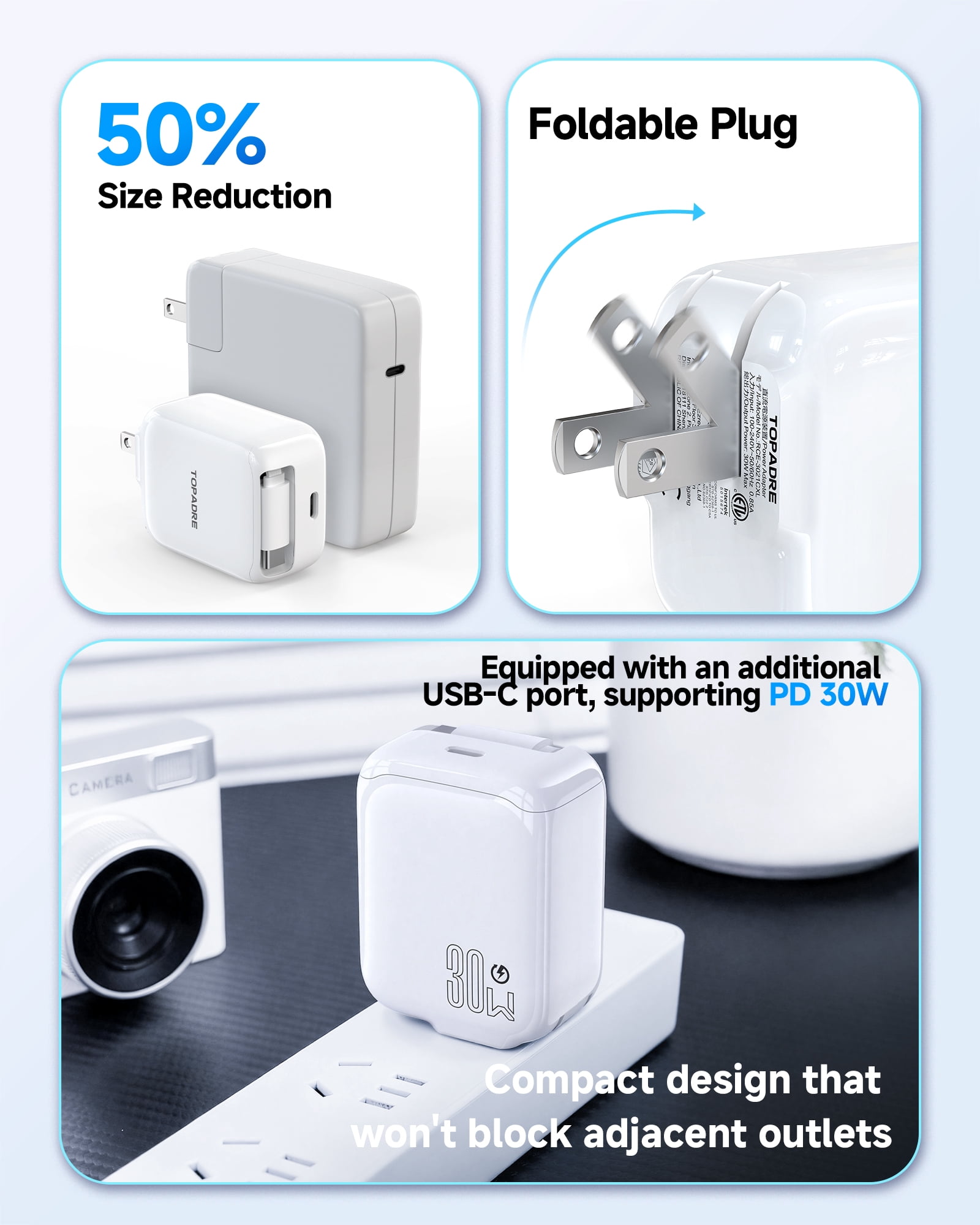 Topadre 2-Pack 30W Retractable Cable USB-C Charger, Foldable plug, for iPhone 17/16/15/Pro/Pro Max, Samsung Galaxy, iPad Series - White