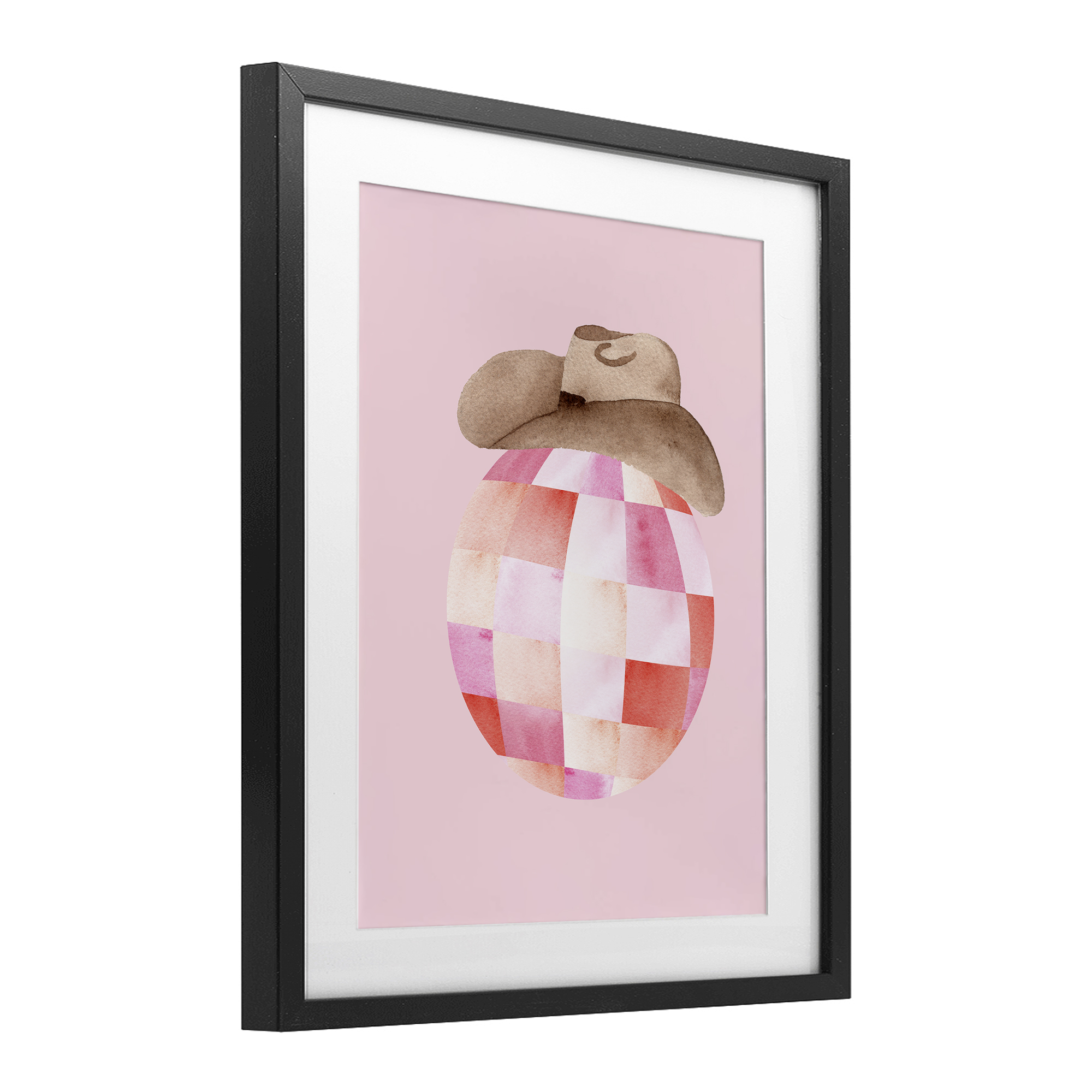 Rosy Disco Cowgirl Hat Black Framed Print Under Glass, design by Nina Jacobs