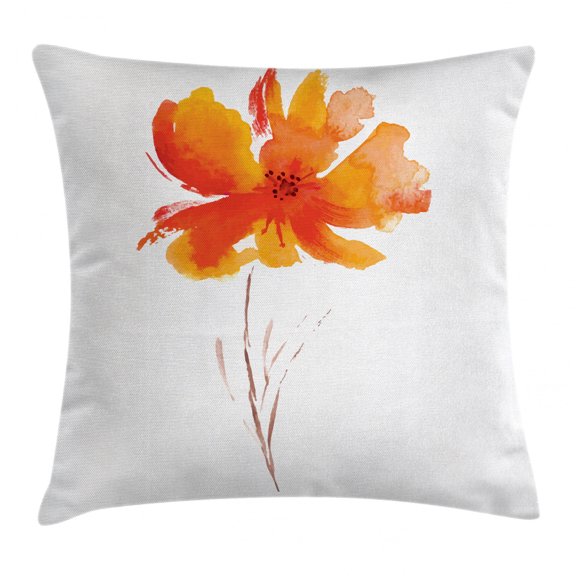 Watercolor Flower Throw Pillow Cushion Cover, Single Poppy Flower on Plain Clear Background Nature Inspired Romantic, Decorative Square Accent Pillow Case, 16" X 16", White Orange, by Ambesonne