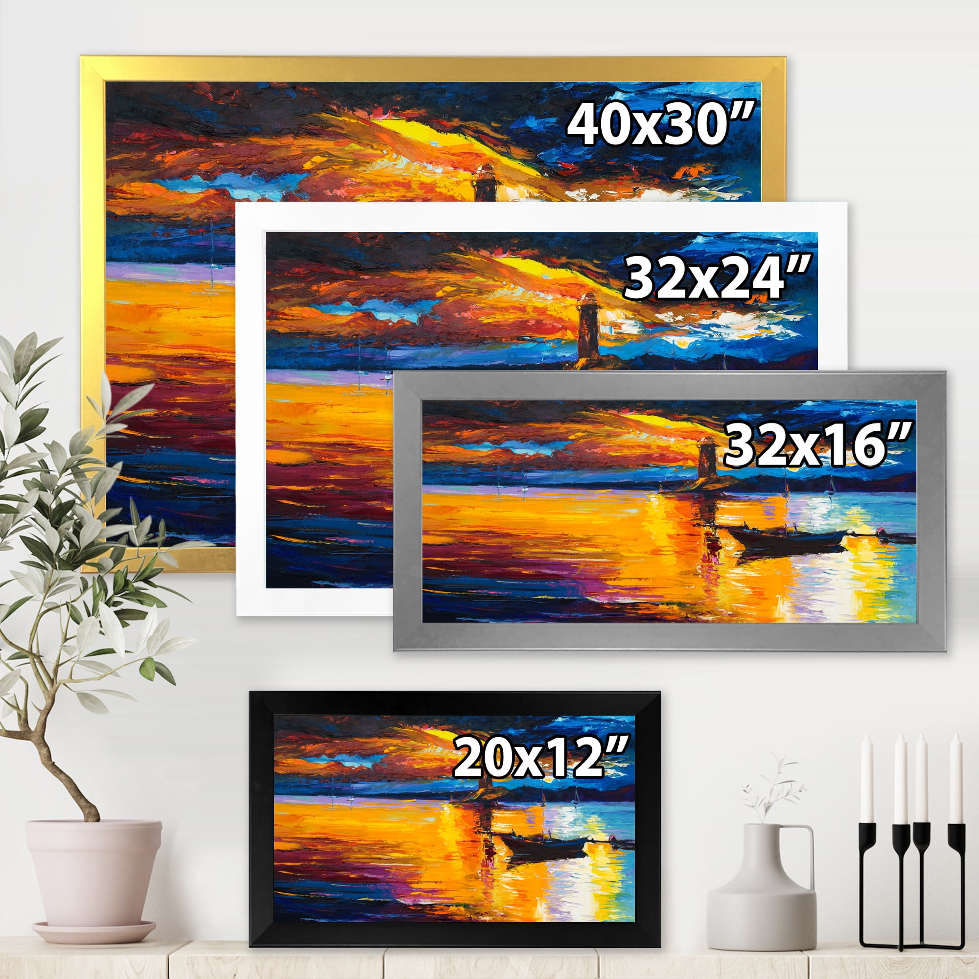 Little Boat By Lighthouse During Evening Glow 32 in x 16 in Framed Painting Canvas Art Print, by Designart