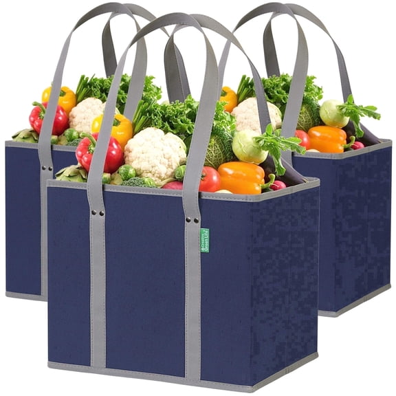 Creative Green Life Reusable Grocery Shopping Bag, 3-Pack, Hard Bottom, Foldable Box Shape, Navy Blue