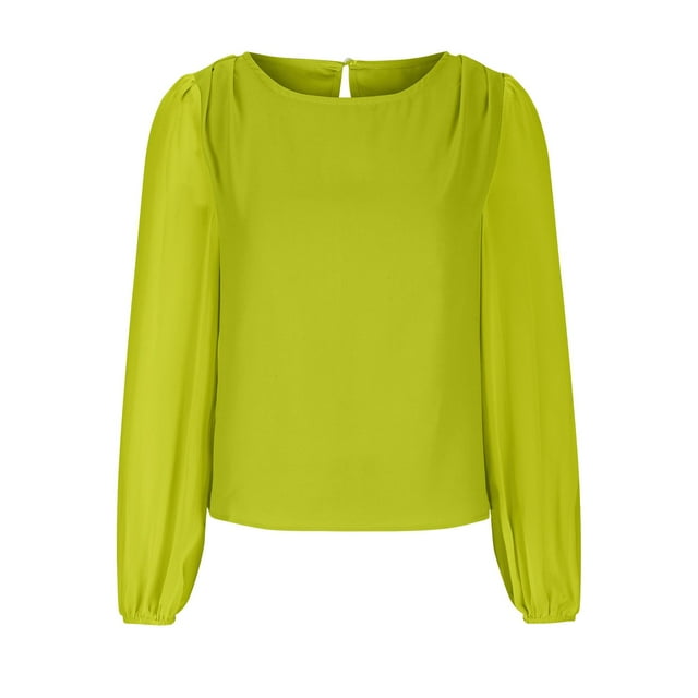 Timegard Womens Tops Chiffon Puff Long Sleeve Crewneck Ruched Back Button Tee Shirts Casual Loose Tops