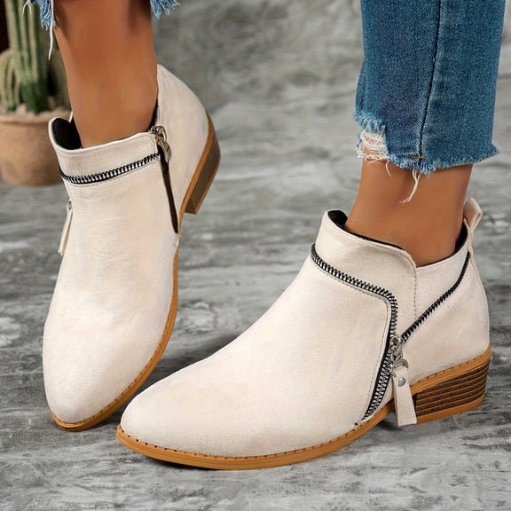 OKBOP Women's Wedge Boots Round Toe Zip-Up Stability Foam Cushioning Beige Stylish Women's Boots Sizes 36