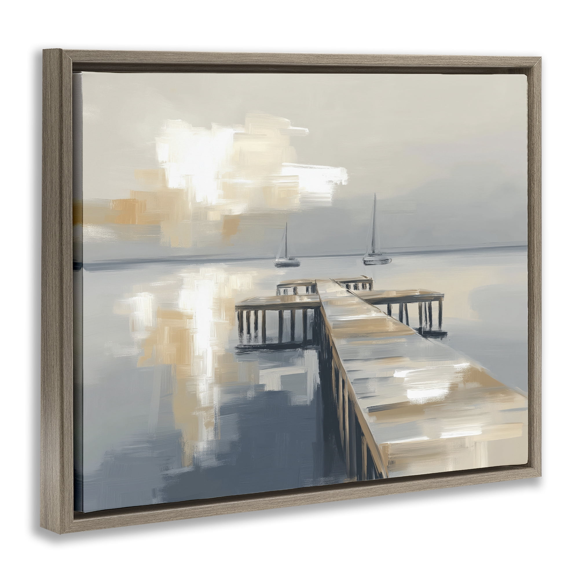 Stupell Industries Pier with Two Boats Seascape Brown Framed Floater Canvas Wall Art, design by Kim Curinga
