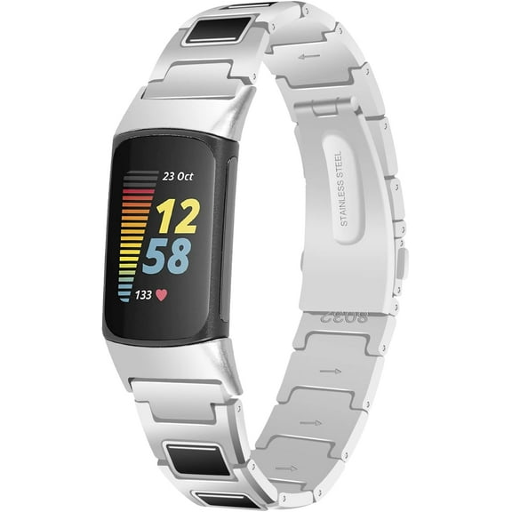 REQO Unique Design Colorful Bands Compatible with Fitbit Charge 6/Charge 5, Dressy Metal Bracelet Luxurious Stainless Steel Strap Replacement Wristband for Charge 6/Charge 5 Tracker