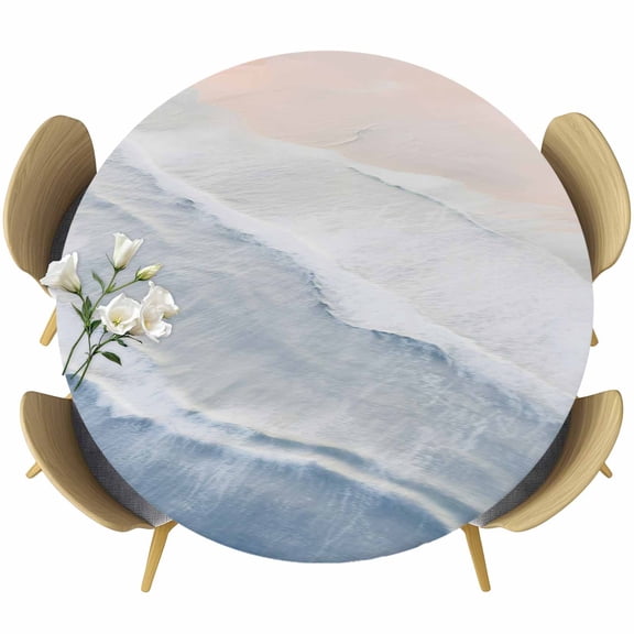 Navy Blue Coastal Wave Round Tablecloth, Fitted Table Cover with Elastic for 55"-60" Round Tables, Summer Modern Ocean Beach Table Cloth Outdoor Indoor Dinning Party Waterproof Tablecloths