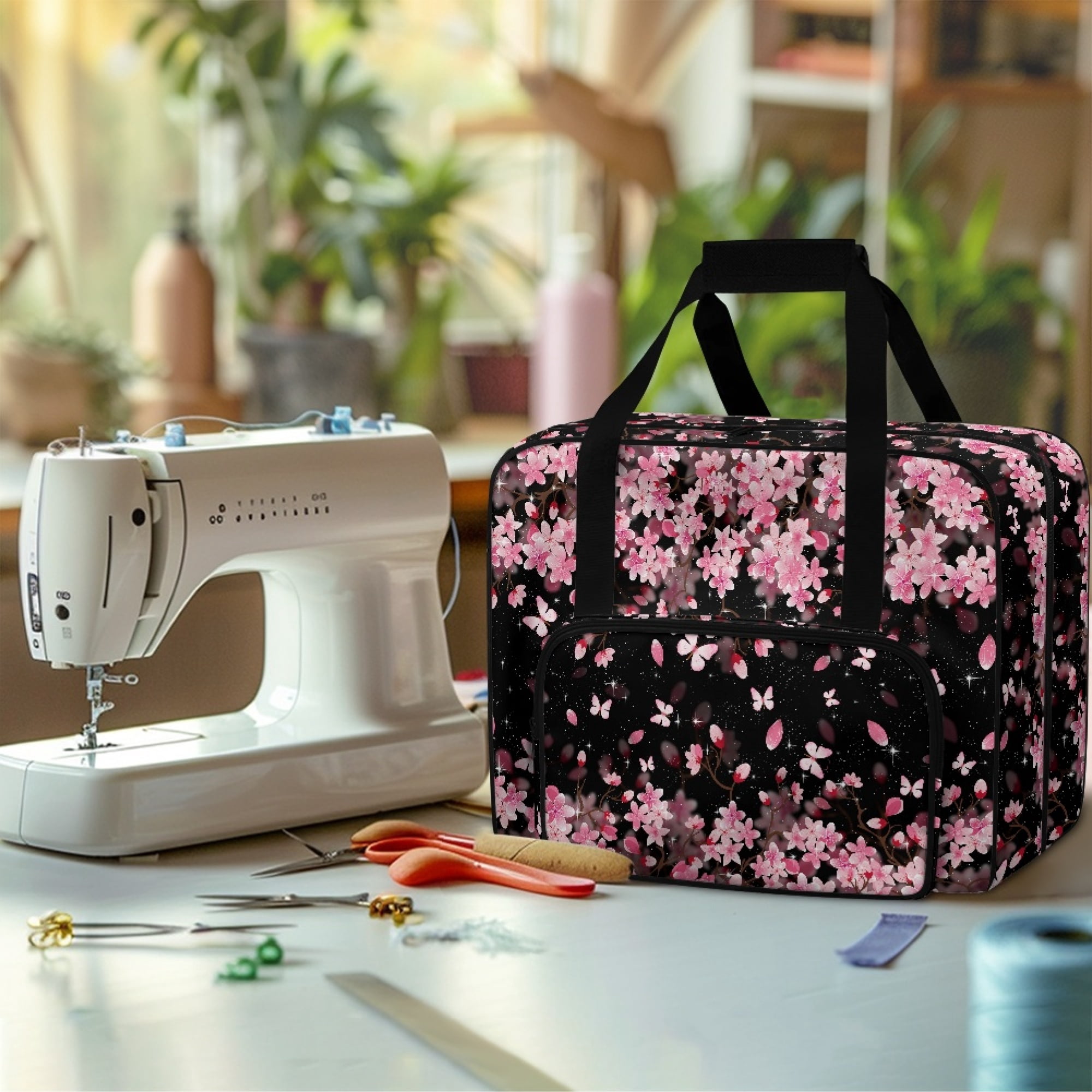 ZIATUBLE Cherry Blossom Sewing Machine Storage Bag Butterfly Sewing Machine Totes and Bags Stain Resistant Sewing Machine Carrying Case Tote Bag Elastic Portable Padded Storage